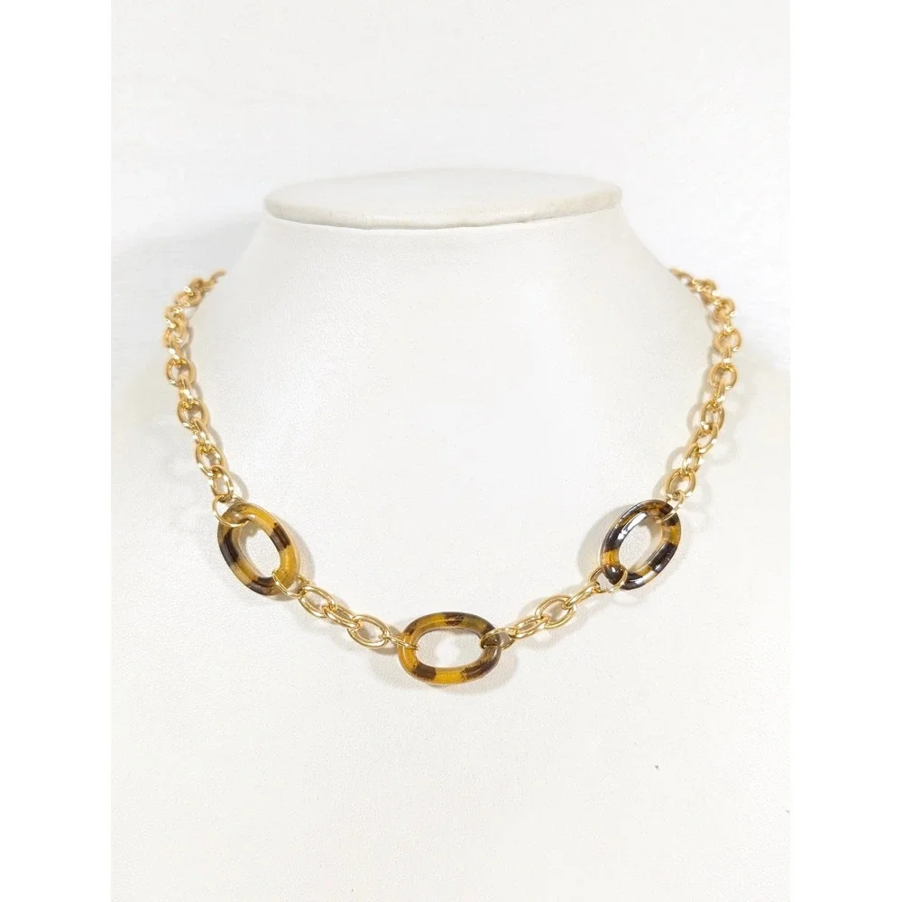 Gold‎ Tone Faux Tortoise Oval Link Necklace Retro Chain Layering 17.5in
